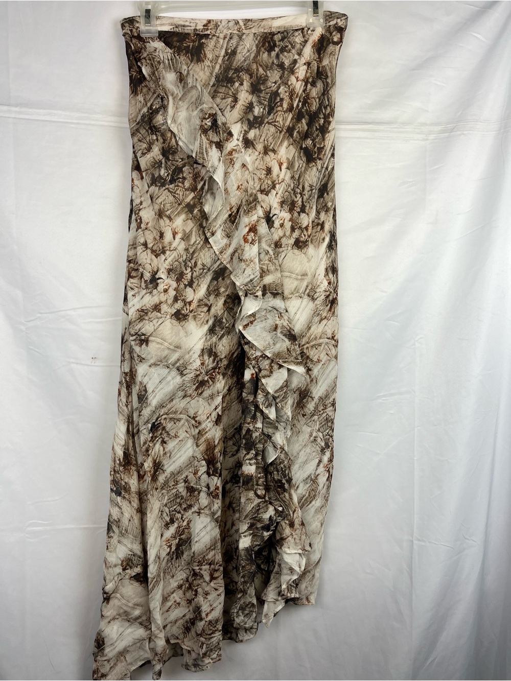 AllSaints brown beige abstract floral print maxi skirt with ruffles, size 6